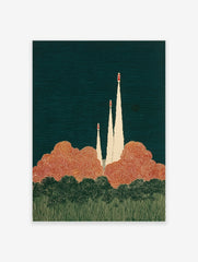 Retro illustrative rocket launch art print with three rockets, orange clouds, and dark teal sky.