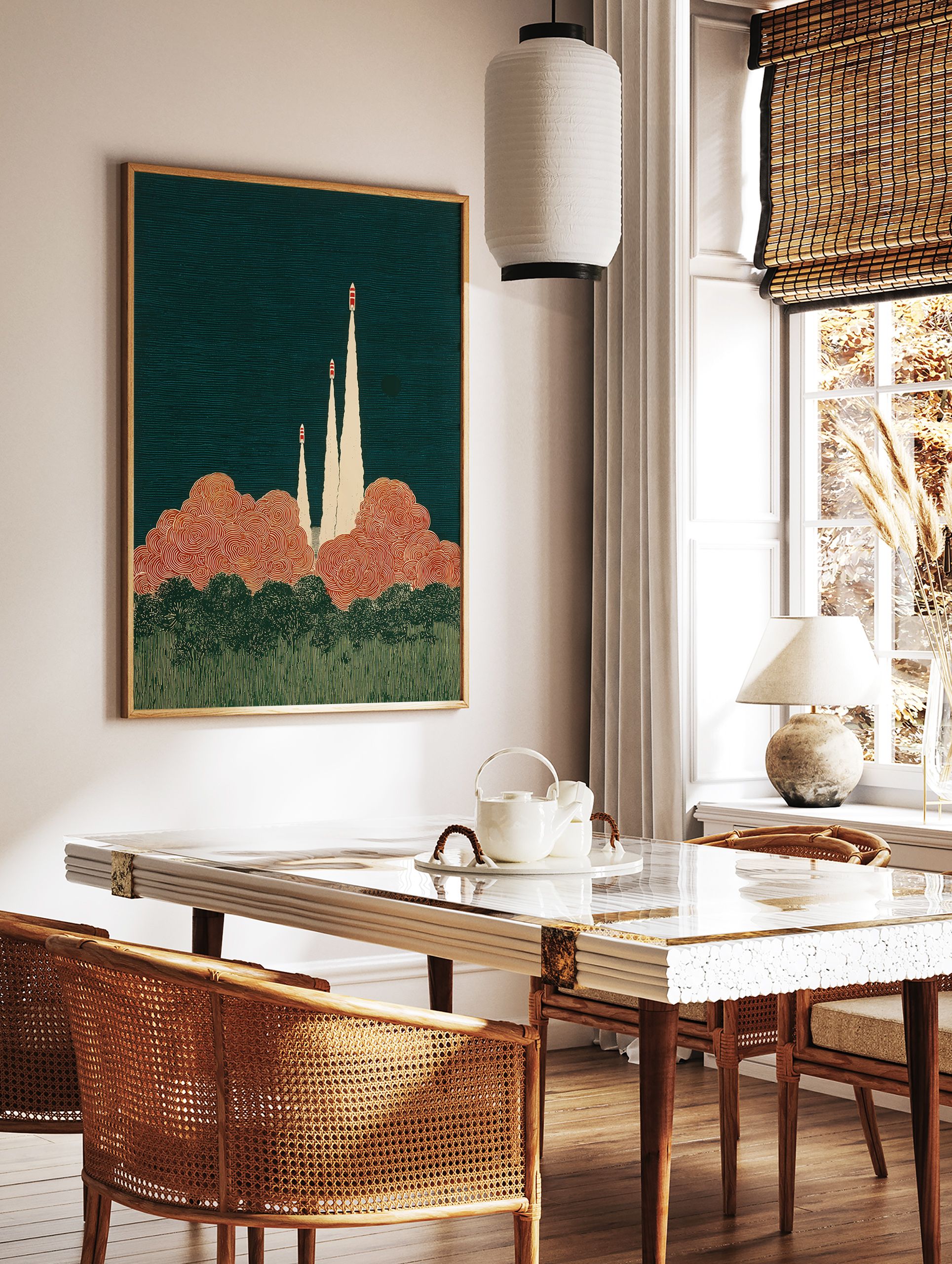 Retro illustrative rocket launch art print with three rockets, orange clouds, and dark teal sky. - Image 2