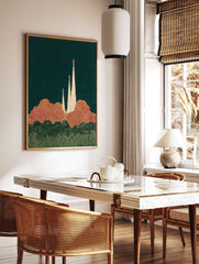 Retro illustrative rocket launch art print with three rockets, orange clouds, and dark teal sky. - Image 2