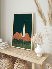 Retro illustrative rocket launch art print with three rockets, orange clouds, and dark teal sky. - Image 3