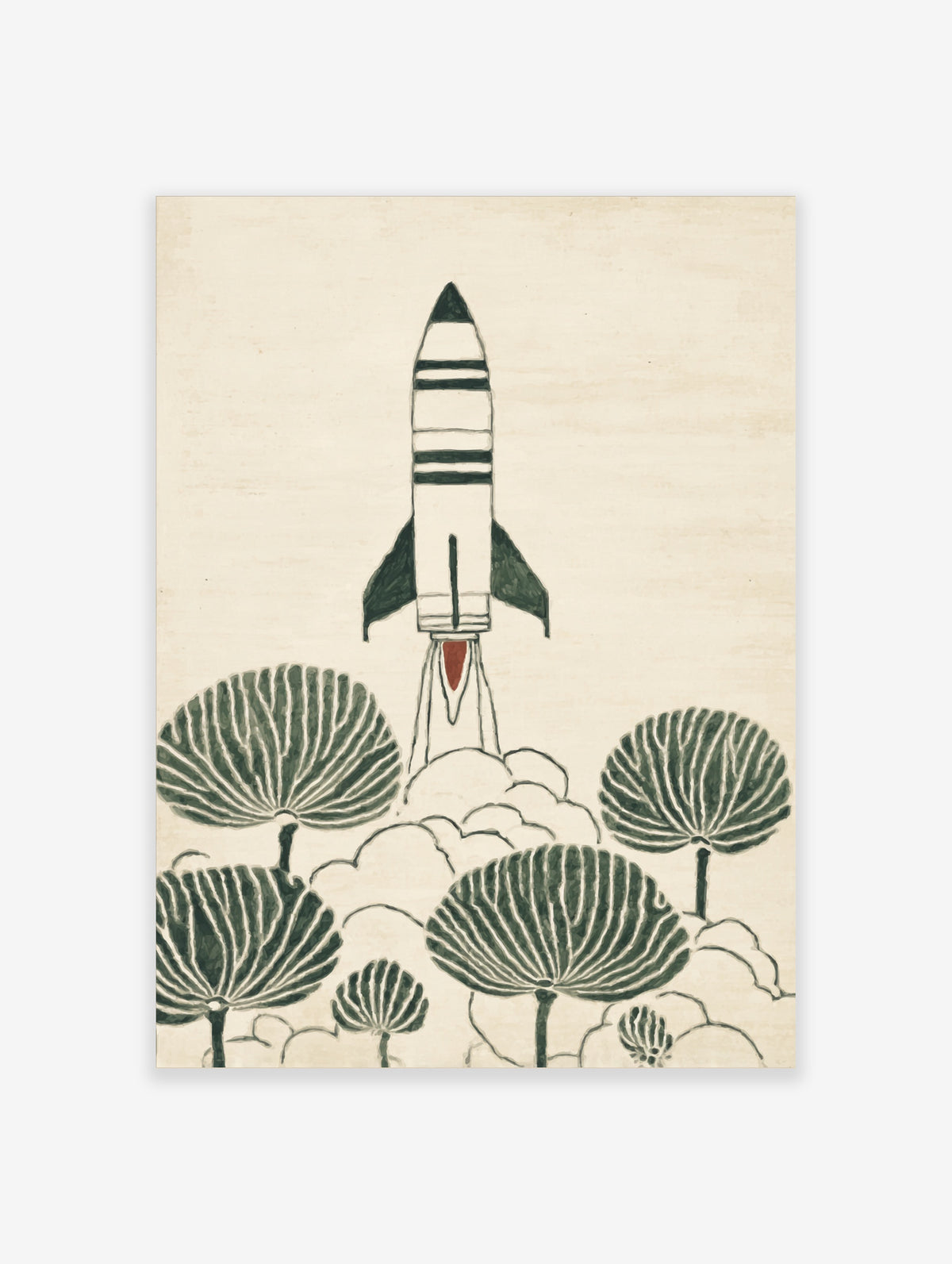Retro rocket launch poster with green striped rocket, red flame, and fan-shaped trees on cream background