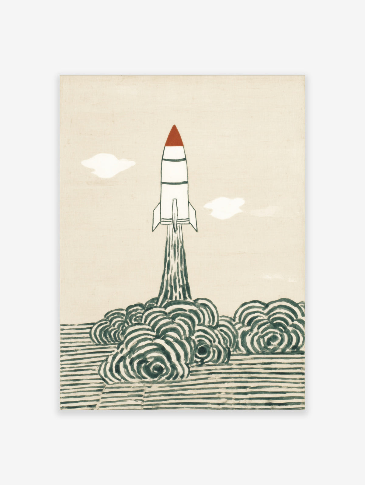 Retro rocket launch poster with white rocket, red nose cone and green clouds on cream background