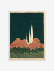 Illustrated rocket launch poster with three rockets ascending into a dark blue sky above orange smoke and green trees.