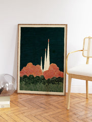 Illustrated rocket launch poster with three rockets ascending into a dark blue sky above orange smoke and green trees. - Image 2