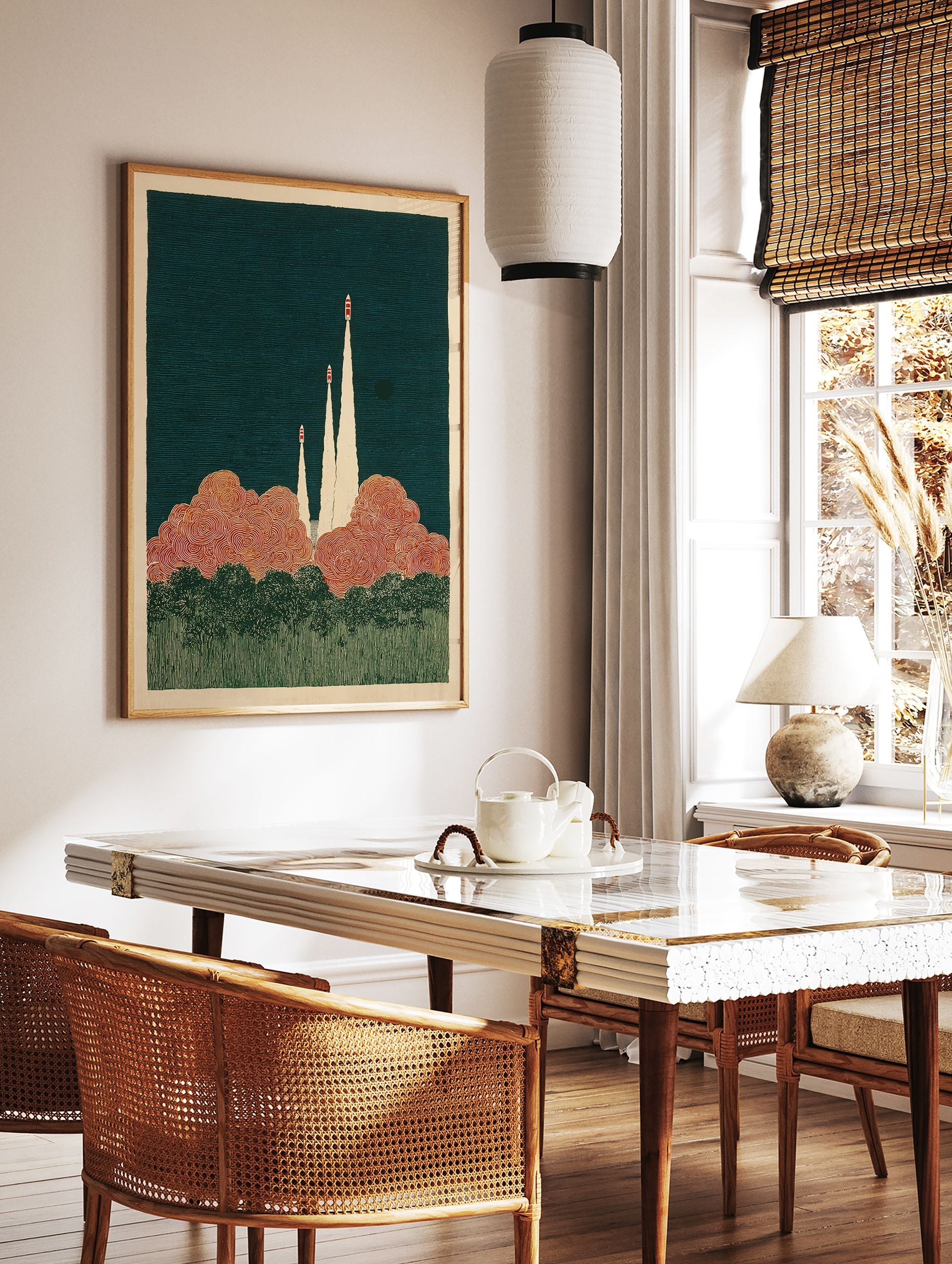 Illustrated rocket launch poster with three rockets ascending into a dark blue sky above orange smoke and green trees. - Image 3