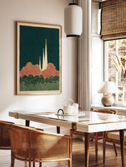 Illustrated rocket launch poster with three rockets ascending into a dark blue sky above orange smoke and green trees. - Image 3