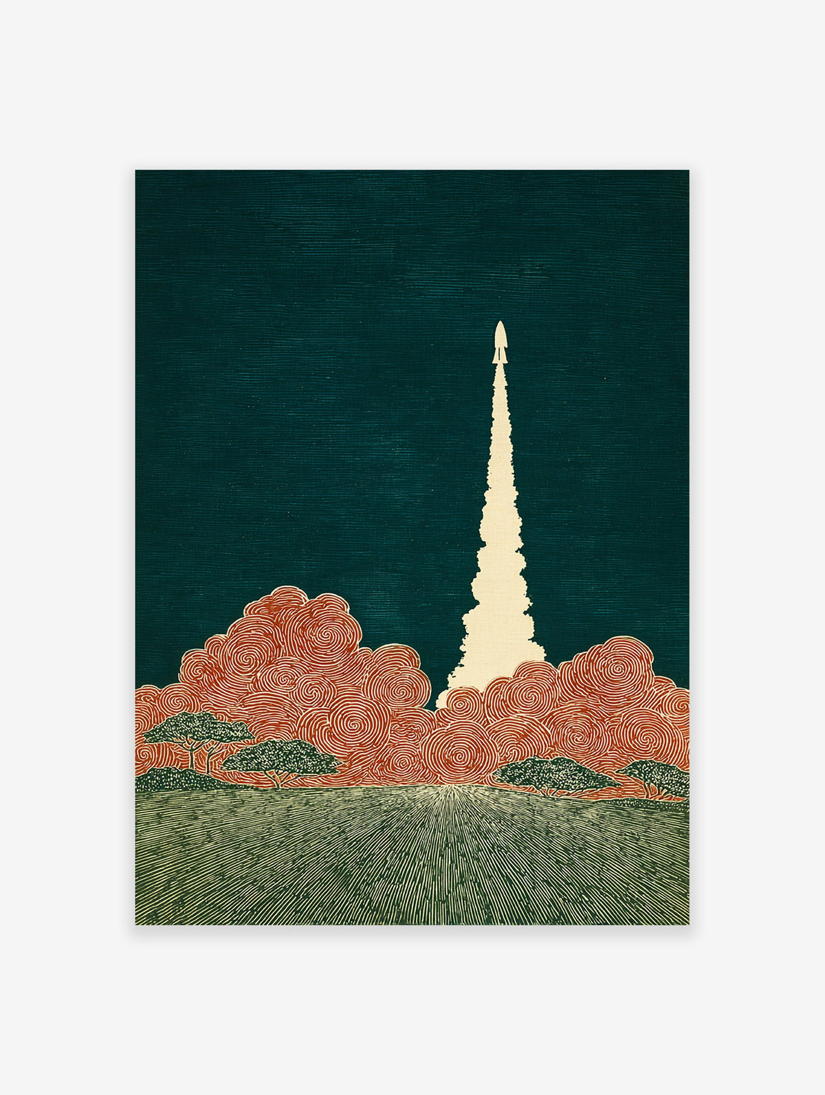 Stylized Rocket Launch Wall Art with a white rocket, orange clouds, and green ground against a dark teal background.