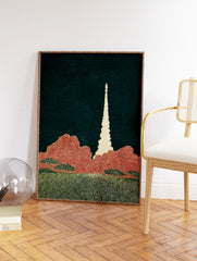 Stylized Rocket Launch Wall Art with a white rocket, orange clouds, and green ground against a dark teal background. - Image 2