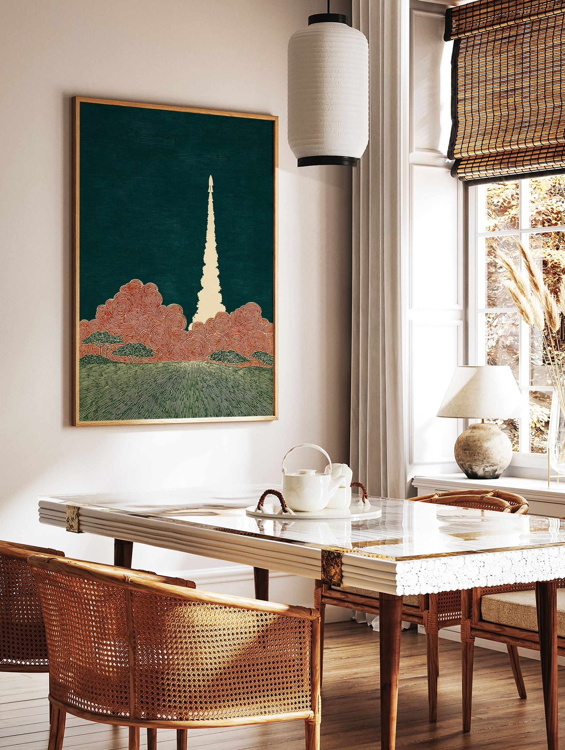 Stylized Rocket Launch Wall Art with a white rocket, orange clouds, and green ground against a dark teal background. - Image 3