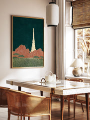 Stylized Rocket Launch Wall Art with a white rocket, orange clouds, and green ground against a dark teal background. - Image 3