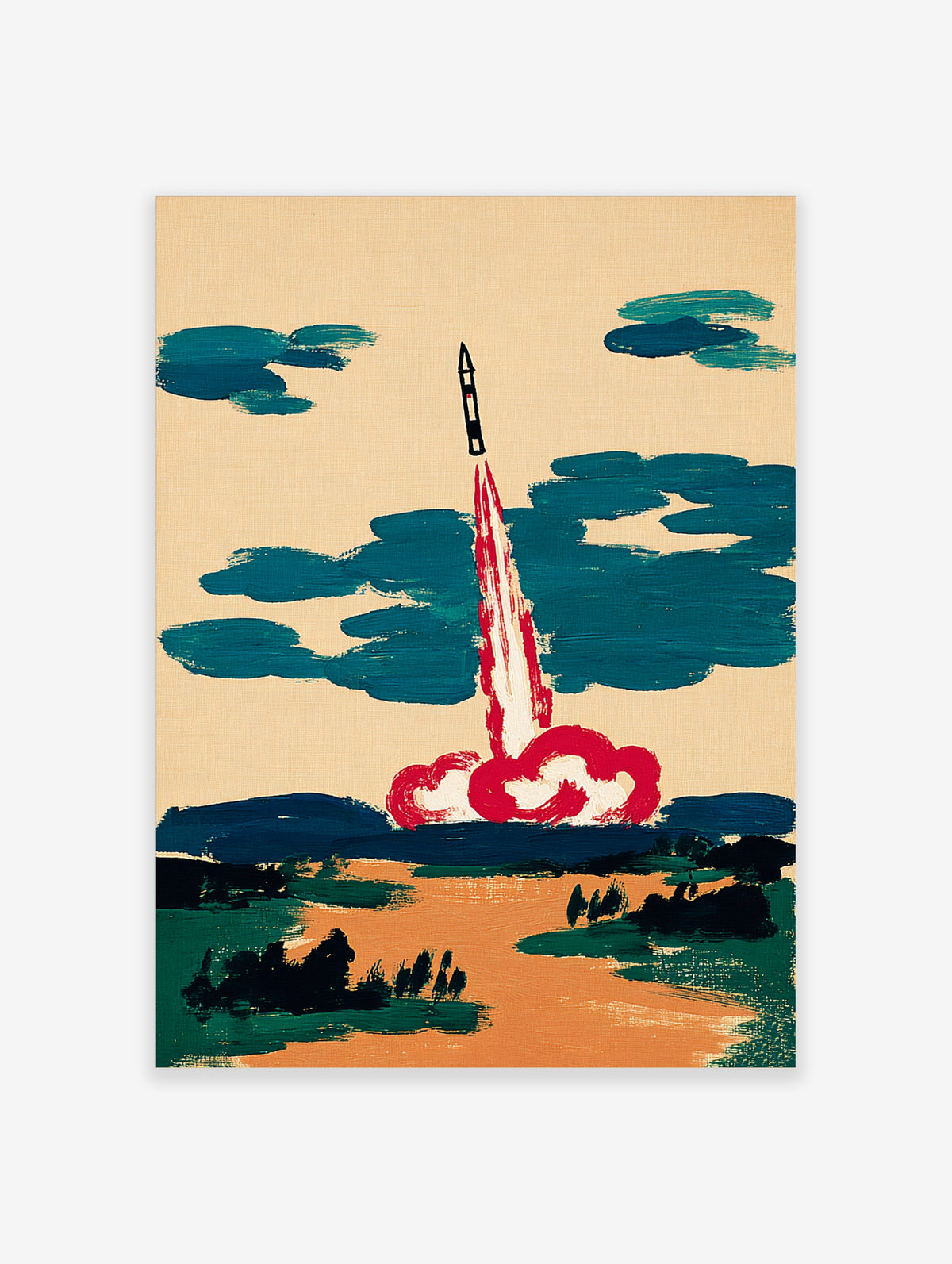 Retro rocket launch art print with red exhaust, teal clouds, and tan sky