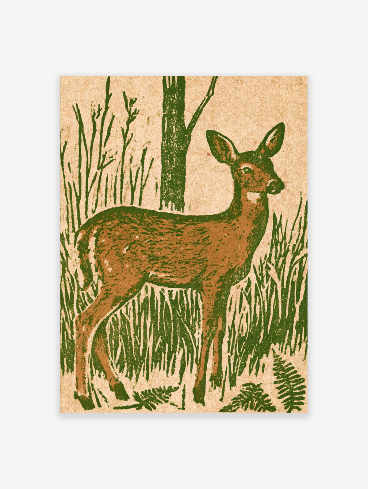Roe deer woodcut art print with green grasses and brown coat on cream background