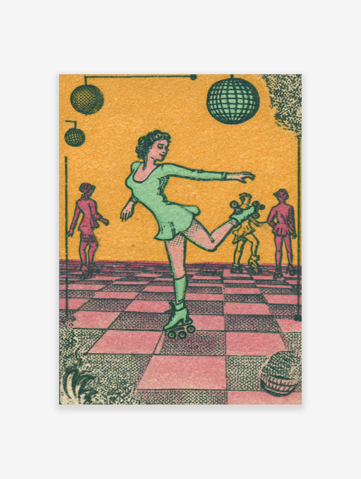 Retro roller disco poster of a woman skating on a pink and black checkered floor with disco balls
