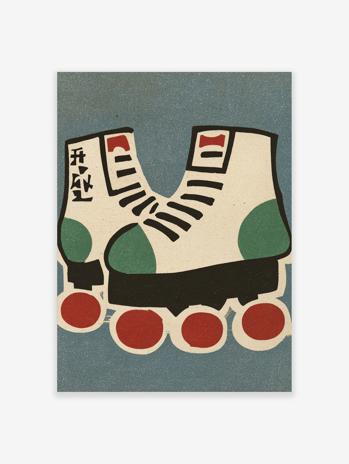 Retro roller skate illustration with red wheels, green accents, black laces on blue background