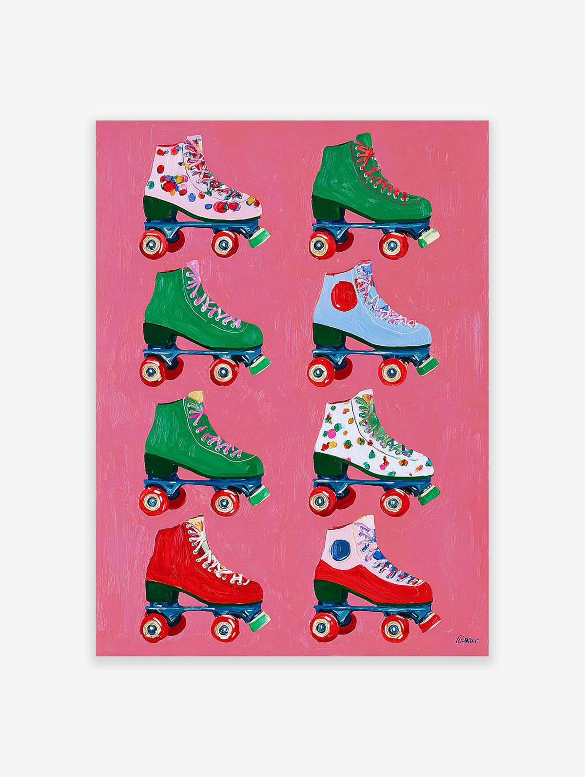 Colourful roller skates art print with eight retro skates on pink background, unframed poster