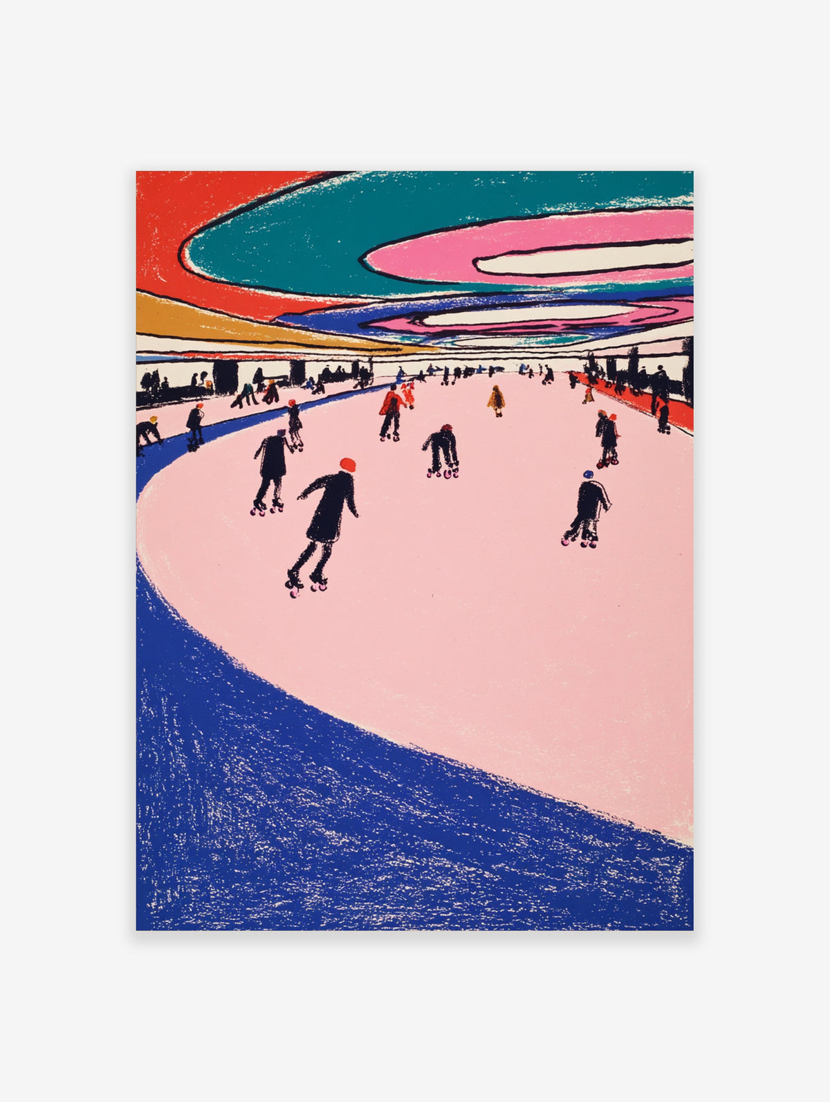 Retro pop art roller skating rink poster with skaters on a pink floor and curved teal, red, and white ceiling bands