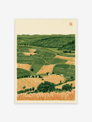 Rolling countryside landscape with patchwork fields, green hills, and foreground wheat stalks, illustrative art print