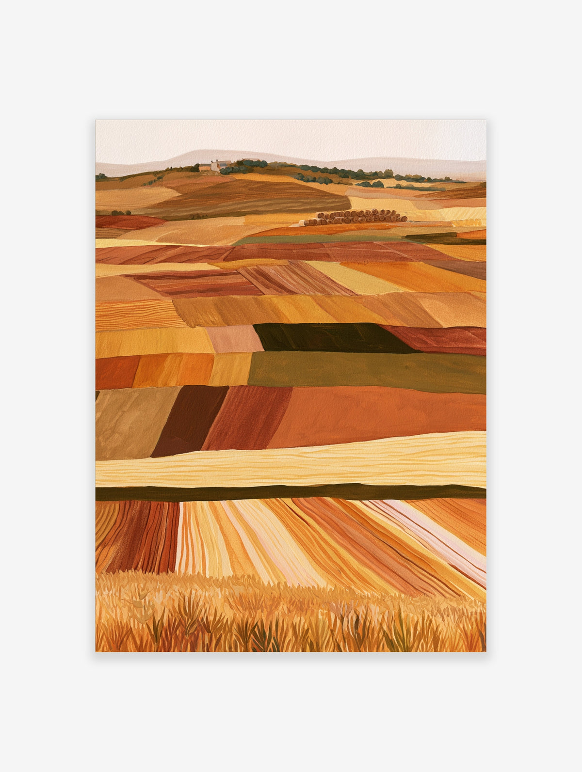 Rolling fields landscape art print with orange, yellow, and brown textured harvest fields in an illustrative style