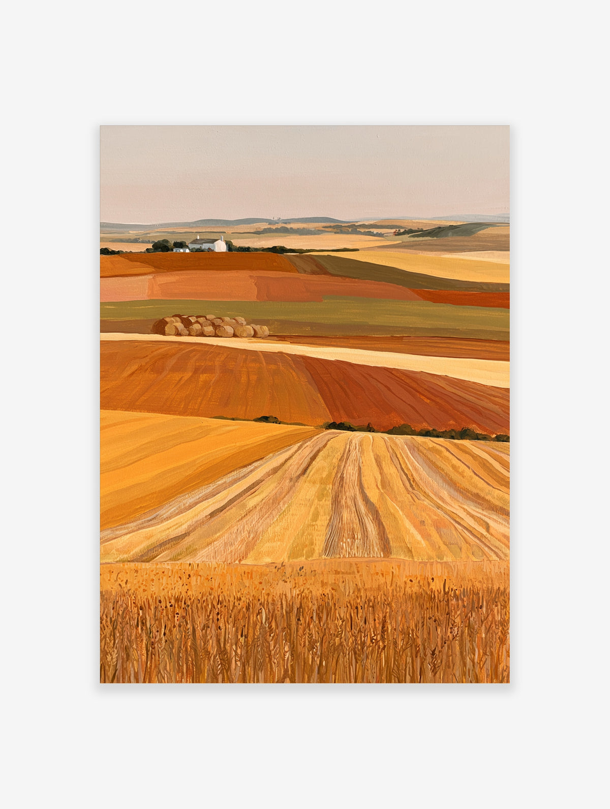 Rolling harvest fields landscape wall art with golden wheat, hay bales, and a white farmhouse on a hill