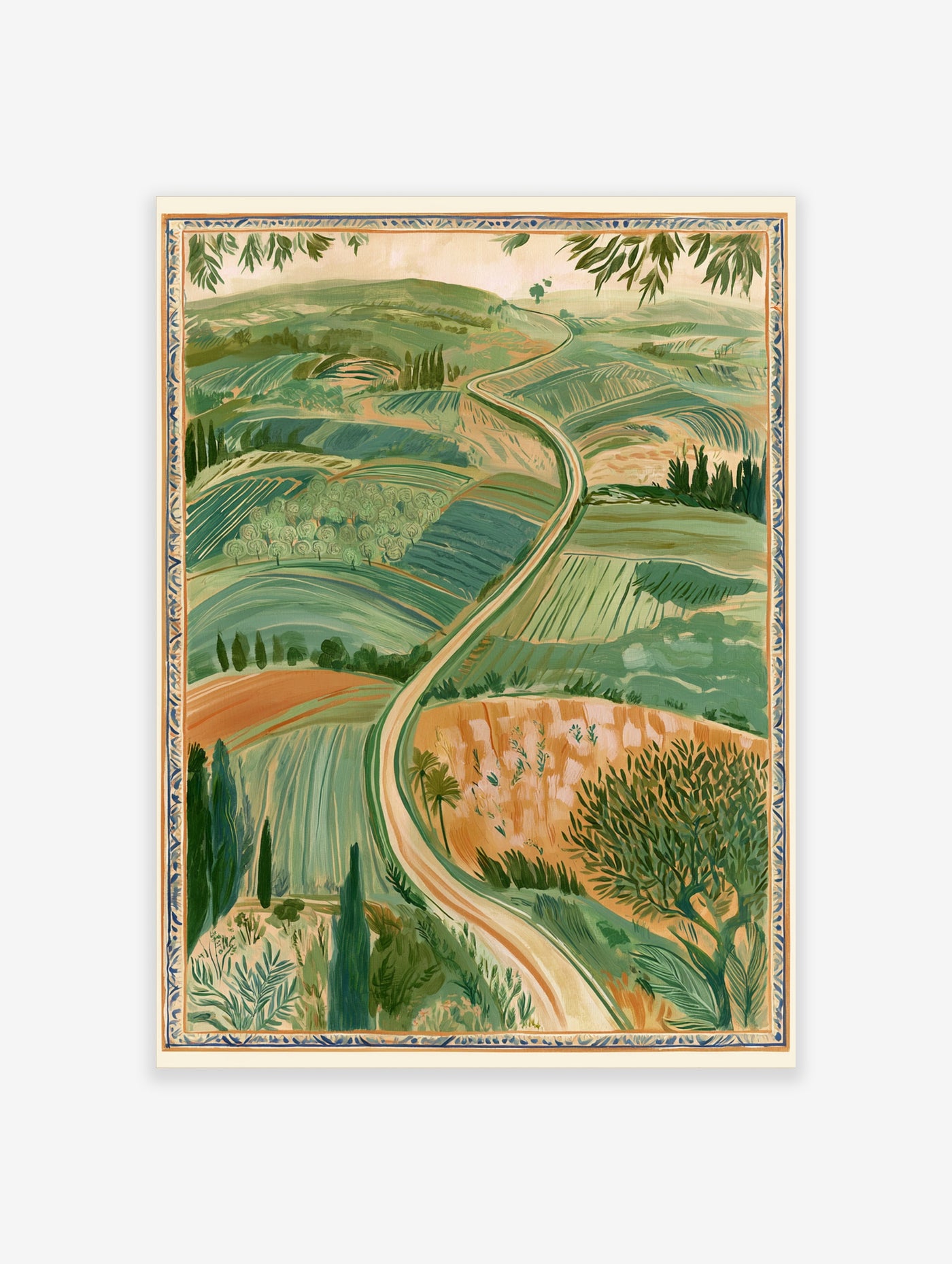 Illustrative landscape art print with green rolling hills, a winding path, and cypress trees