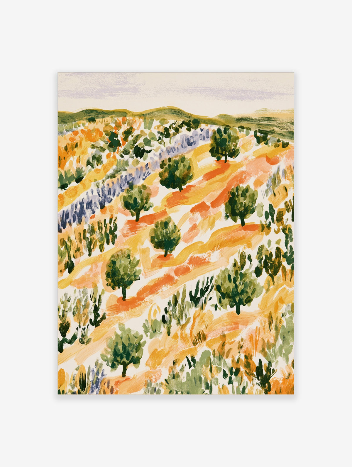 Colourful rolling hills landscape art print with green trees, orange fields, and purple lavender