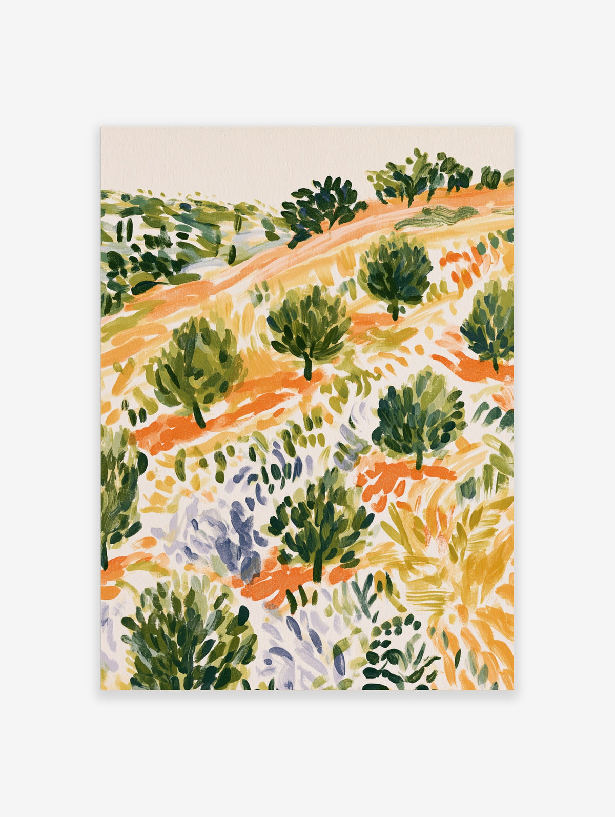 Colourful rolling hills landscape poster with green trees, orange paths, and blue-purple shrubs
