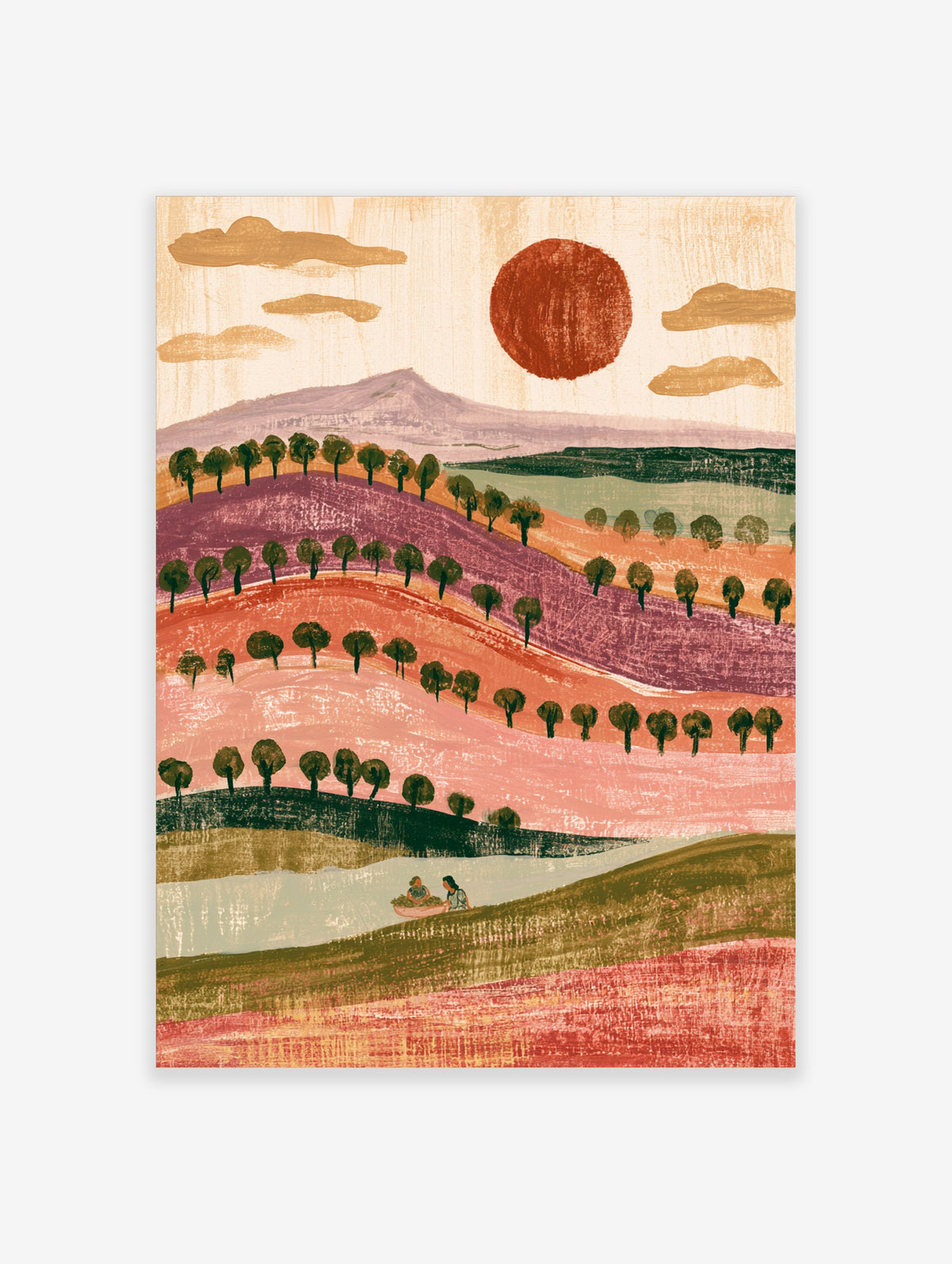 Colourful rolling hills landscape art print with red sun, trees, and two figures in a boat