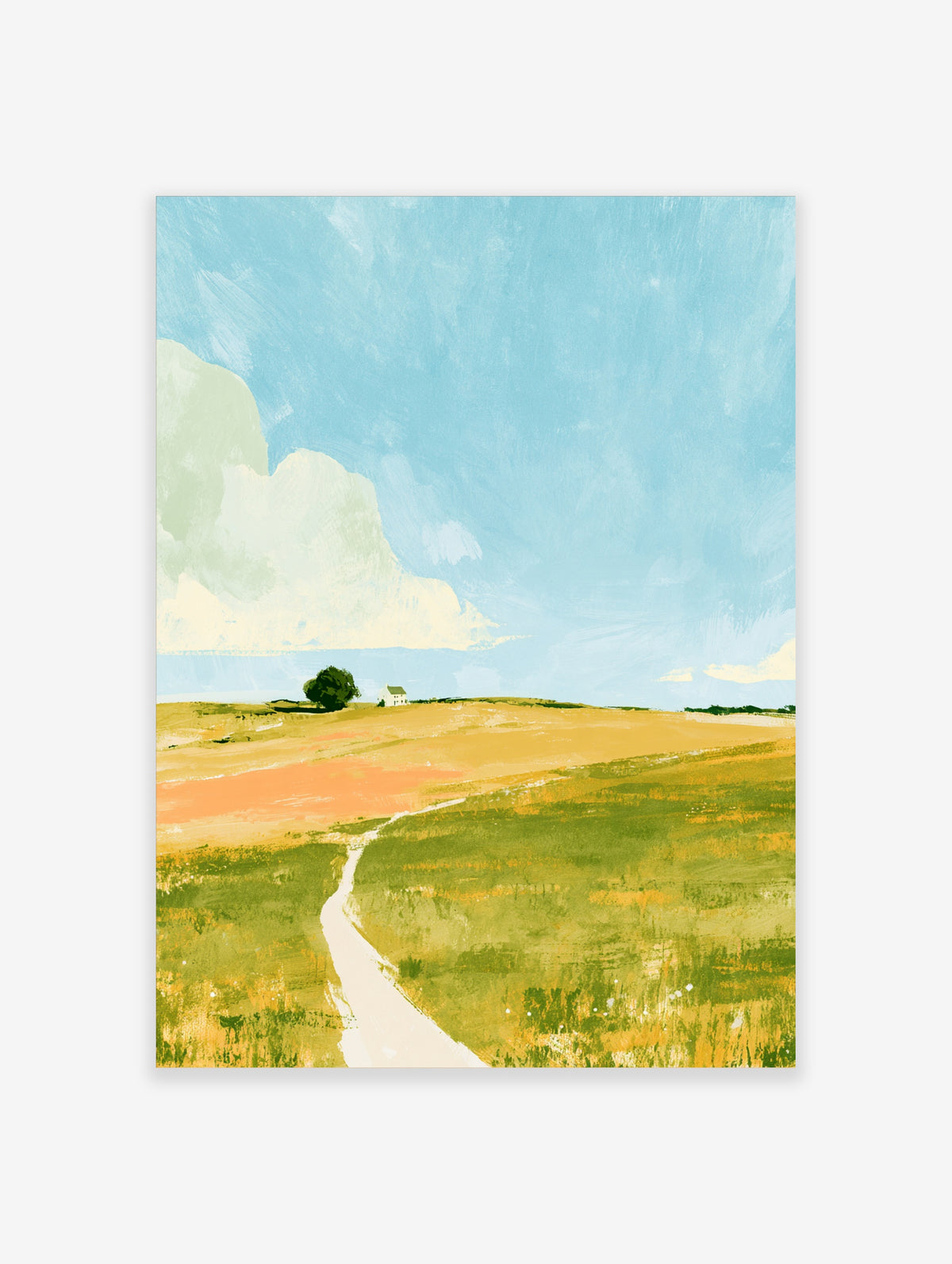 Rolling hills landscape poster with winding white path, green meadow, golden fields, lone tree, white house, and blue sky