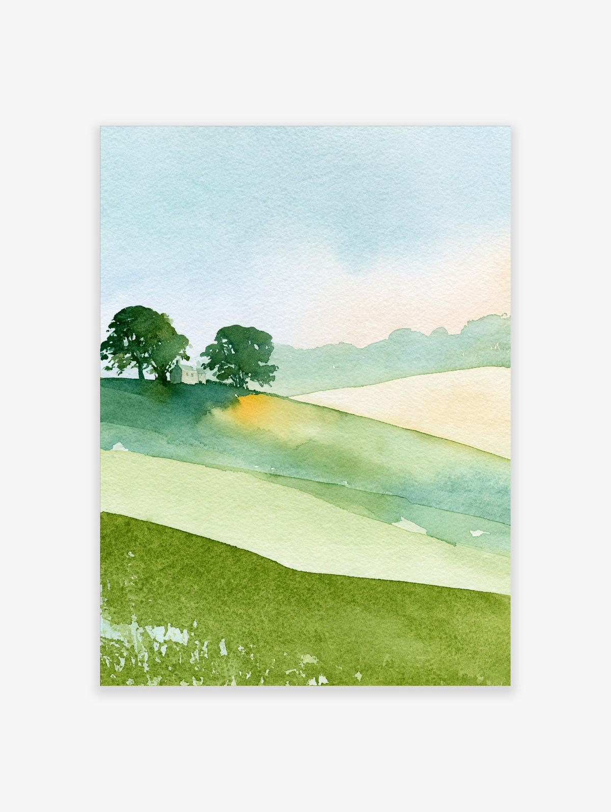 Watercolour landscape poster of rolling green hills, trees, and a small house under a pale sky