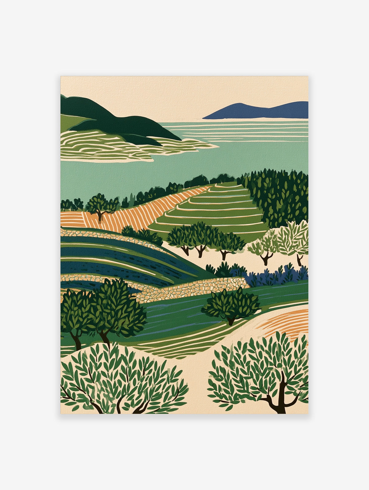 Rolling hills landscape poster with terraced fields, olive trees, and a calm sea in green and blue