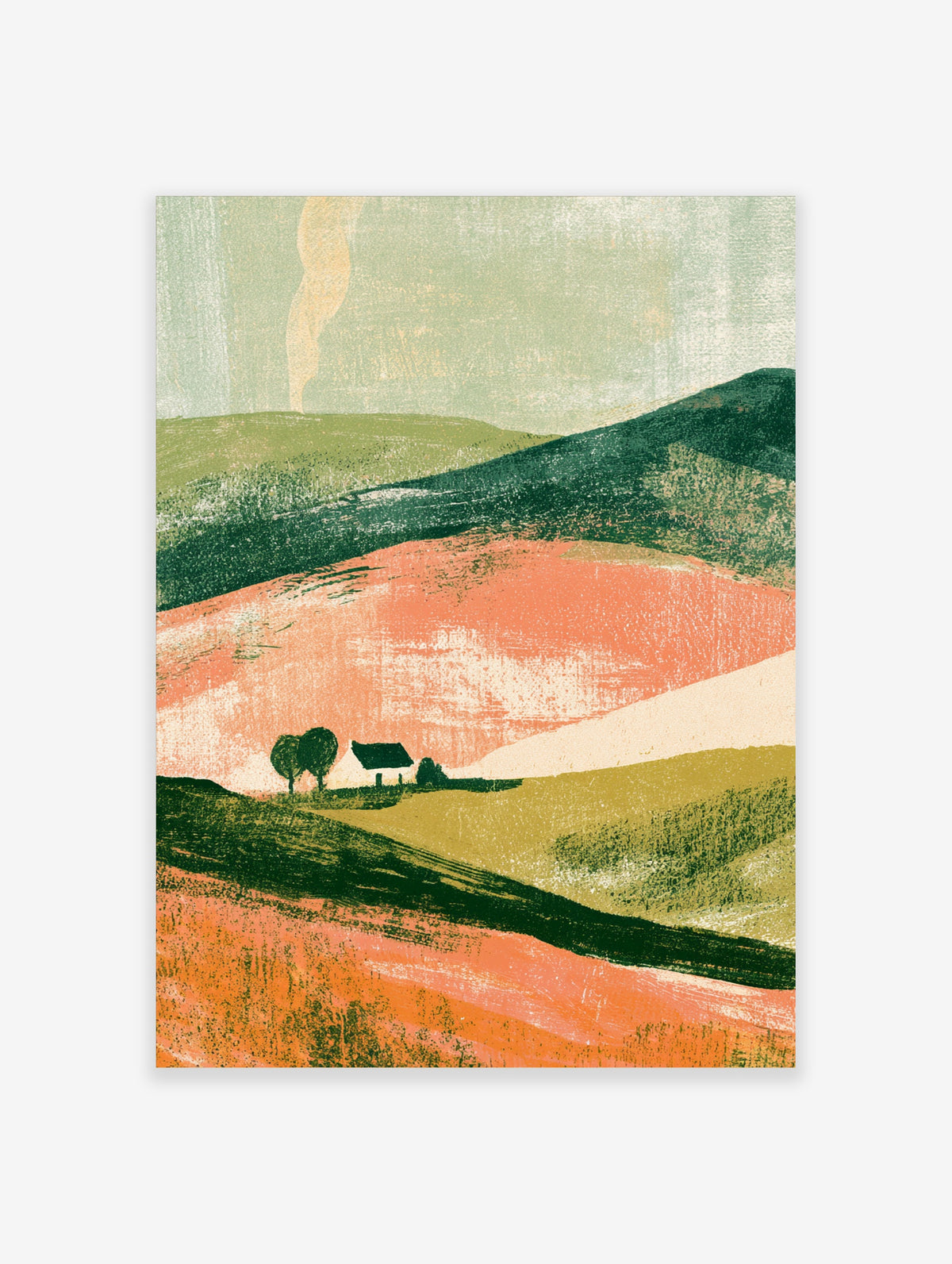 Rolling hills landscape poster with a rural cottage, two trees, coral and green fields, and a pale plume rising in the