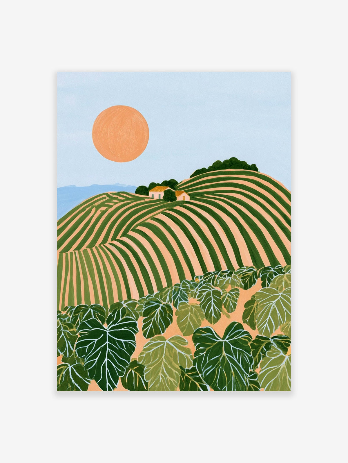 Rolling hills landscape poster with peach sun, green striped fields, small house, and large green leaves
