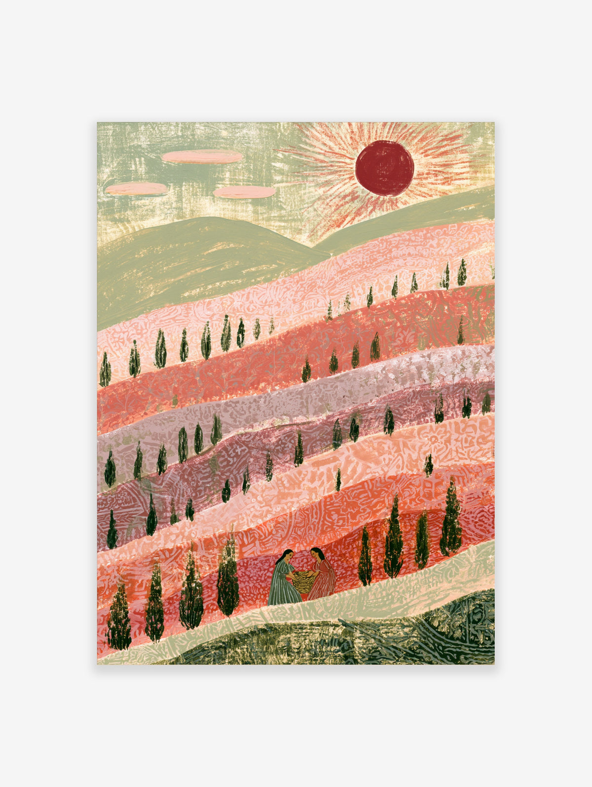 Rolling hills landscape art print with red sun, cypress trees, and two figures gathering a basket