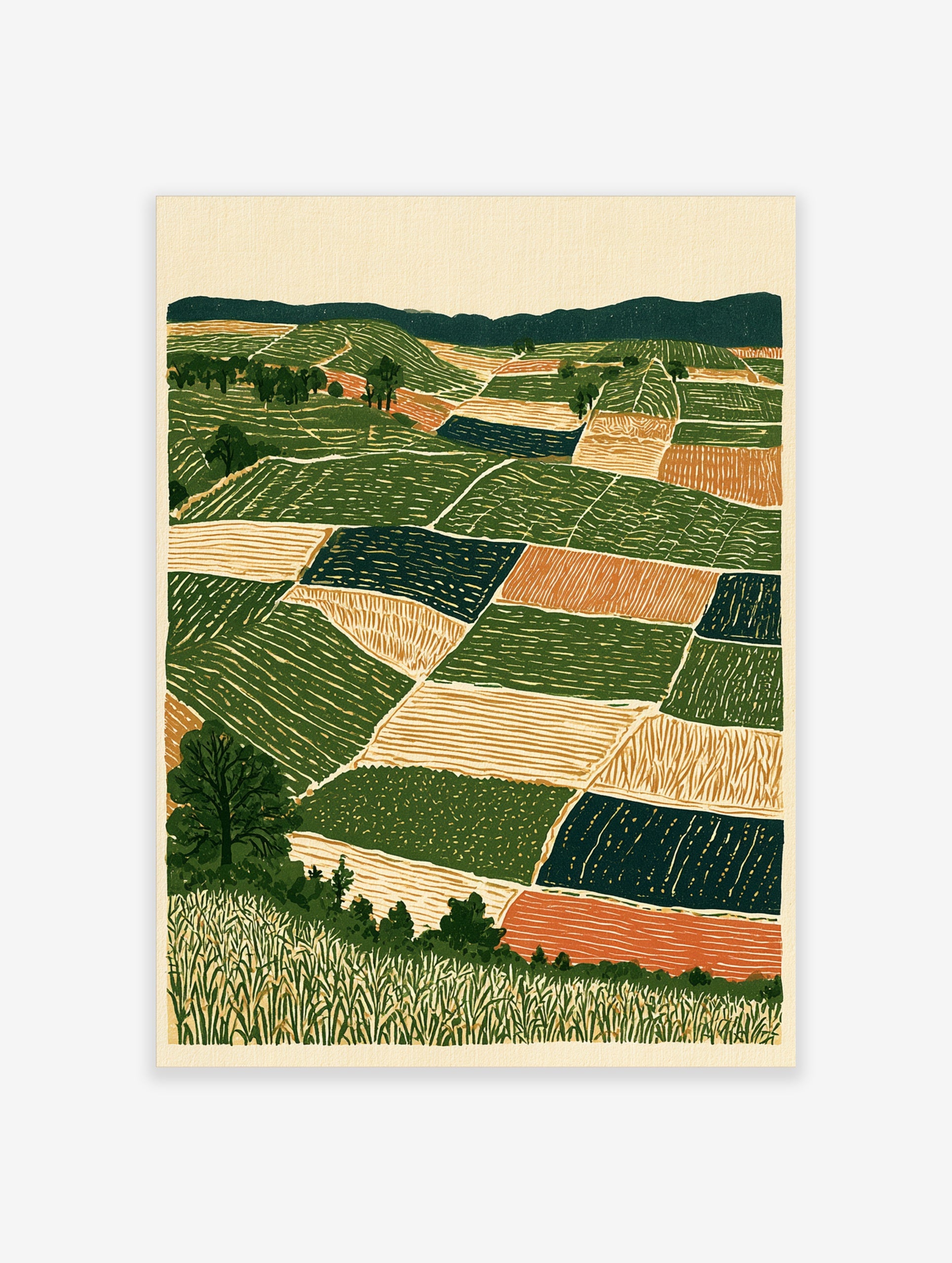 Stylised landscape art print showing geometric farm fields, rolling hills, and trees in green, tan, navy, and orange tones