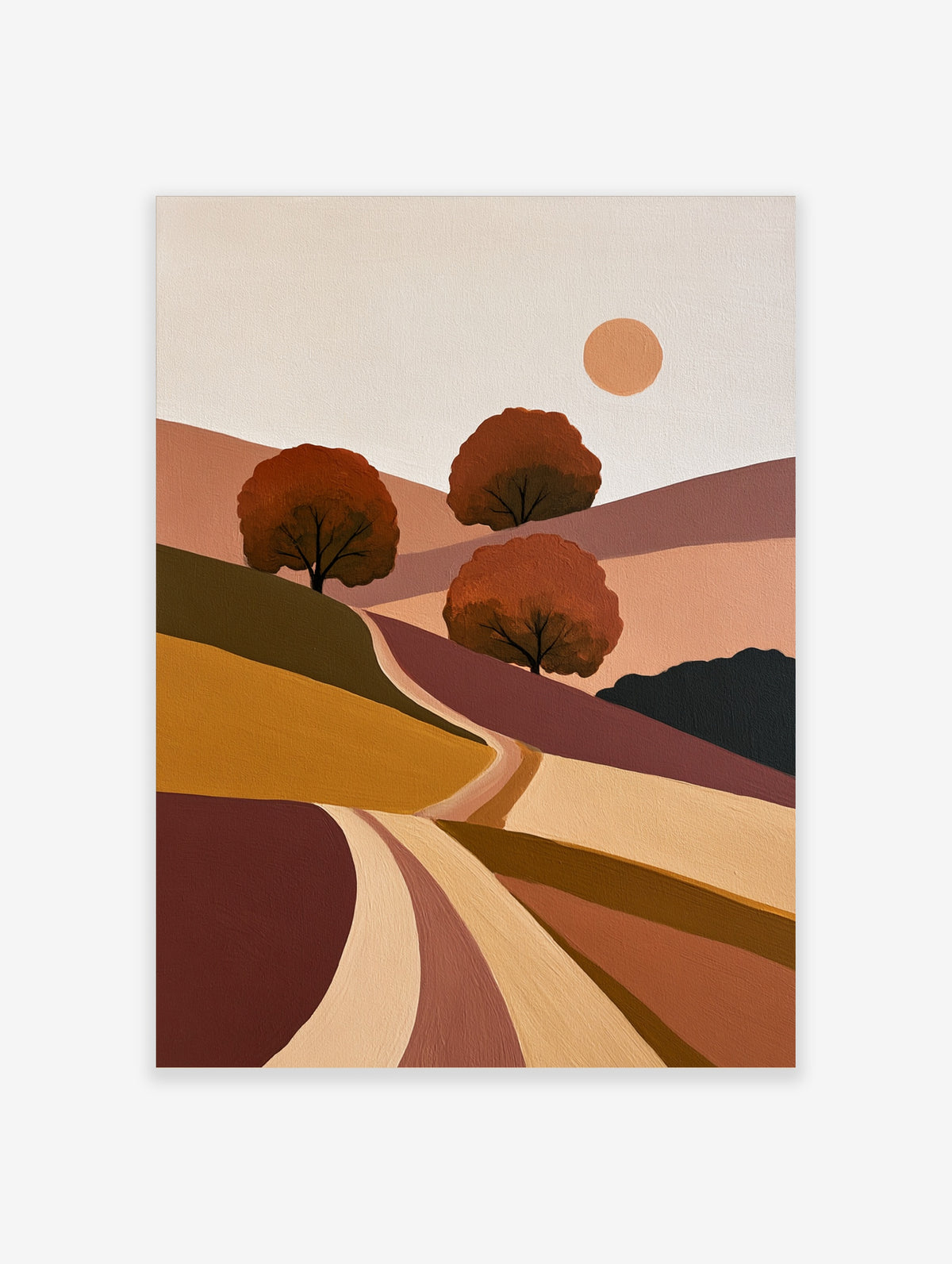 Minimalist landscape art print with rolling hills, three stylized trees, and a sun in earthy tones