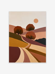 Minimalist landscape art print with rolling hills, three stylized trees, and a sun in earthy tones