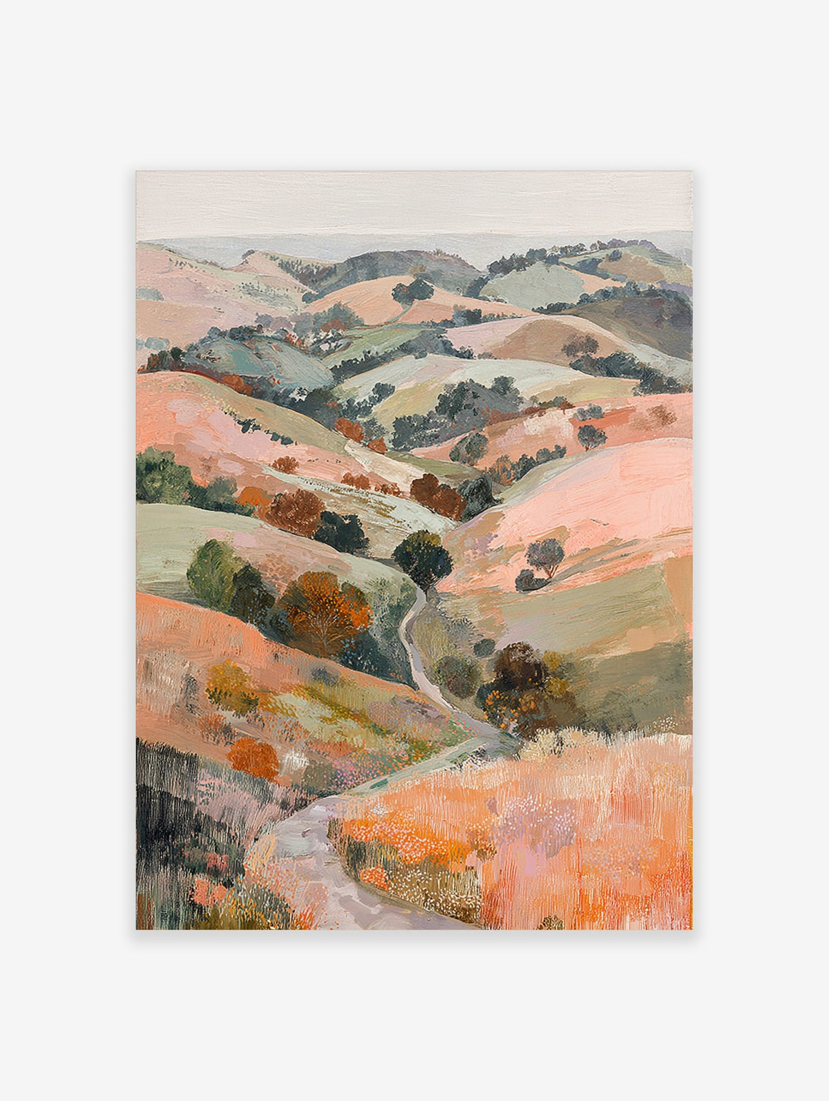 Painterly landscape print of rolling hills with a winding path and trees in peach, green, and orange tones