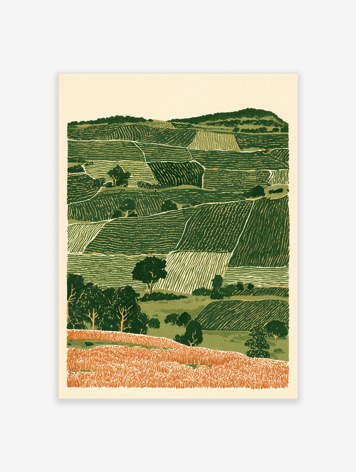 Rolling hills landscape wall art with layered green fields and orange foreground in an illustrative print style
