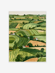 Rolling hills landscape with green fields and white cottages, illustrative countryside wall art print