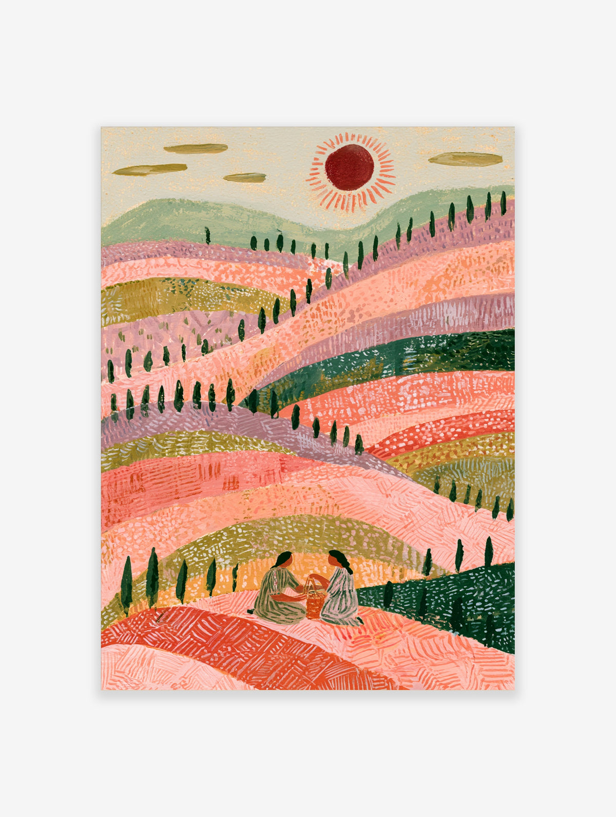 Colourful rolling hills poster with two seated figures, cypress trees, and a red sun