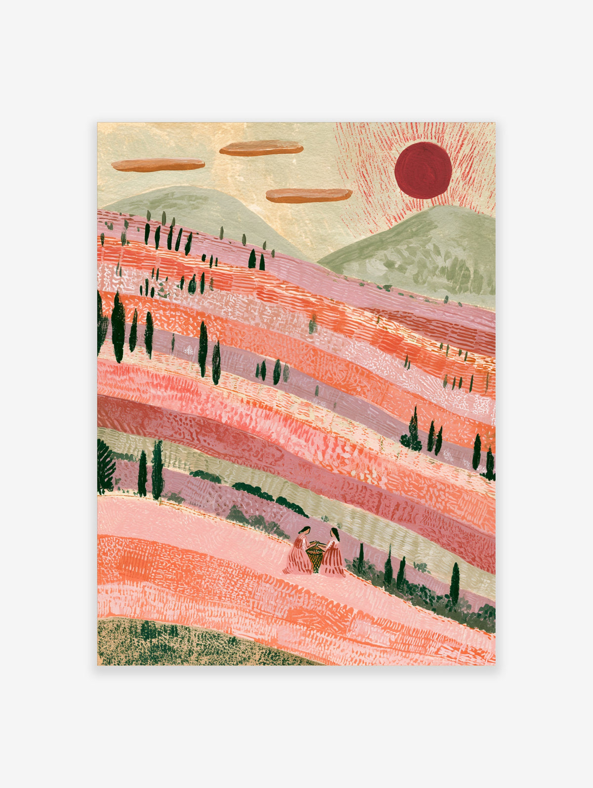 Pastel rolling hills art print with cypress trees, two figures and a red sun
