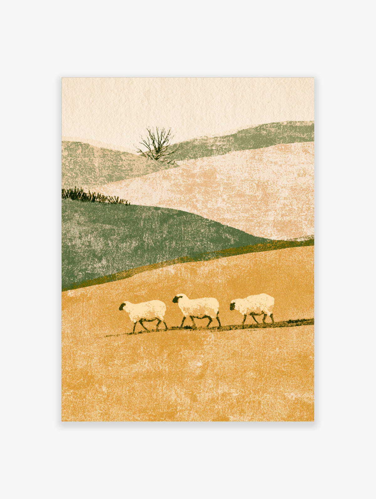 Rolling hills sheep poster with three white sheep walking across a golden field and layered green and peach hills