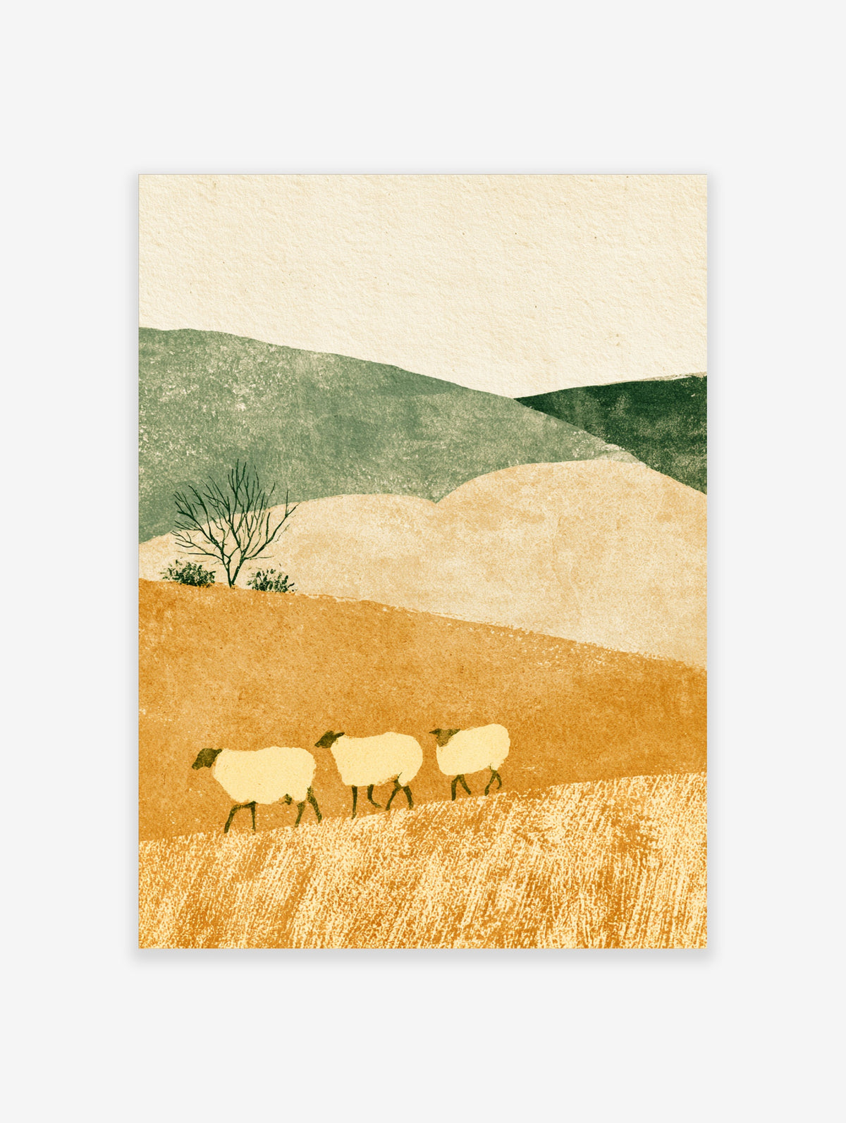 Pastoral landscape art print of three sheep on a golden field below green rolling hills