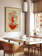 Illustrative art print of a couple dancing in a red teacup, with heart-shaped steam rising around, in a styled room mockup