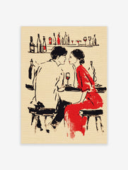 Romantic couple illustration at a bar, woman in red dress, man in white shirt, wine glass, black and red palette