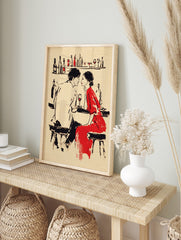 Romantic couple illustration at a bar, woman in red dress, man in white shirt, wine glass, in an alternate framed mockup