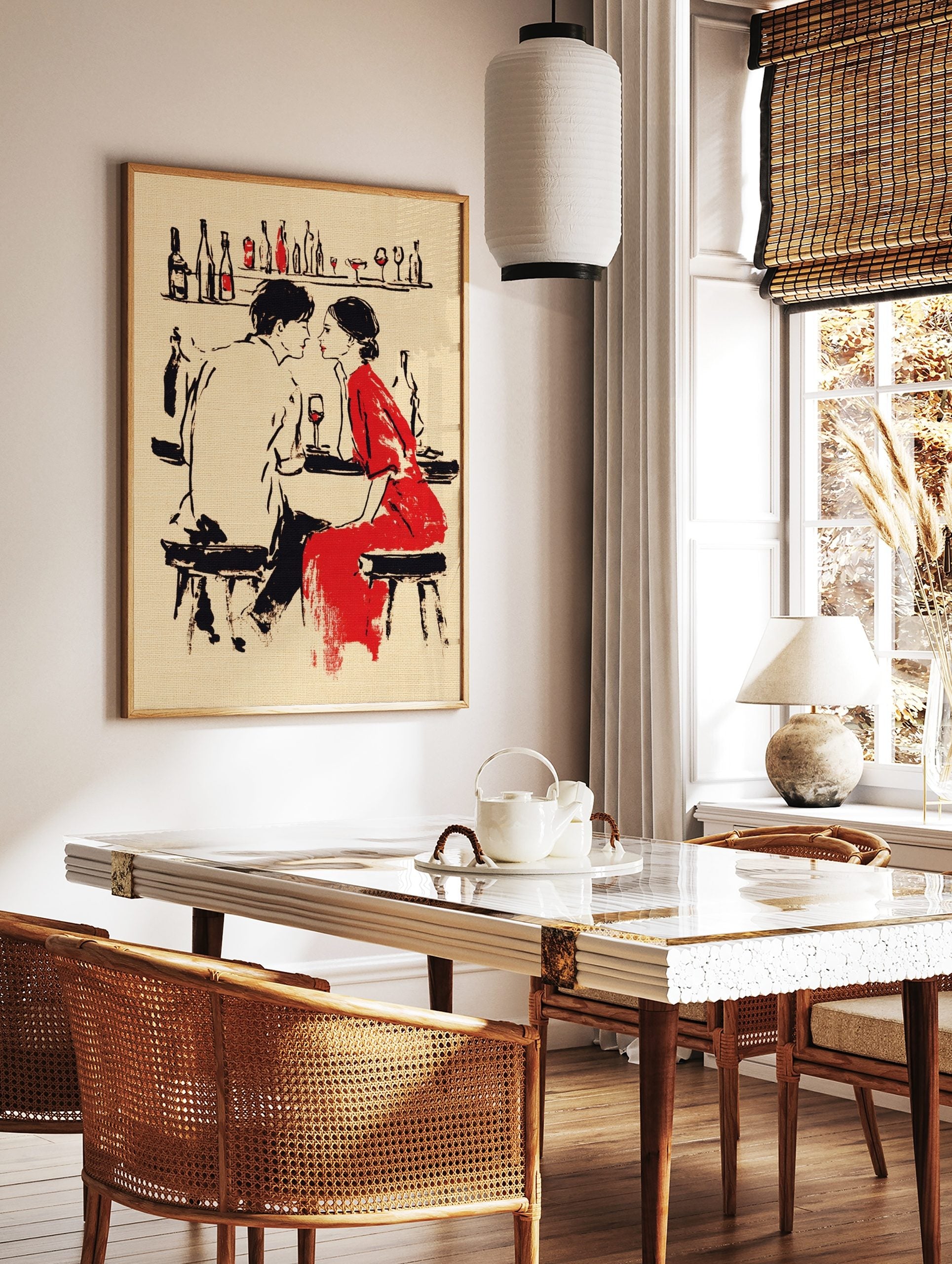 Romantic couple illustration at a bar, woman in red dress, man in white shirt, wine glass, black, in a styled room mockup