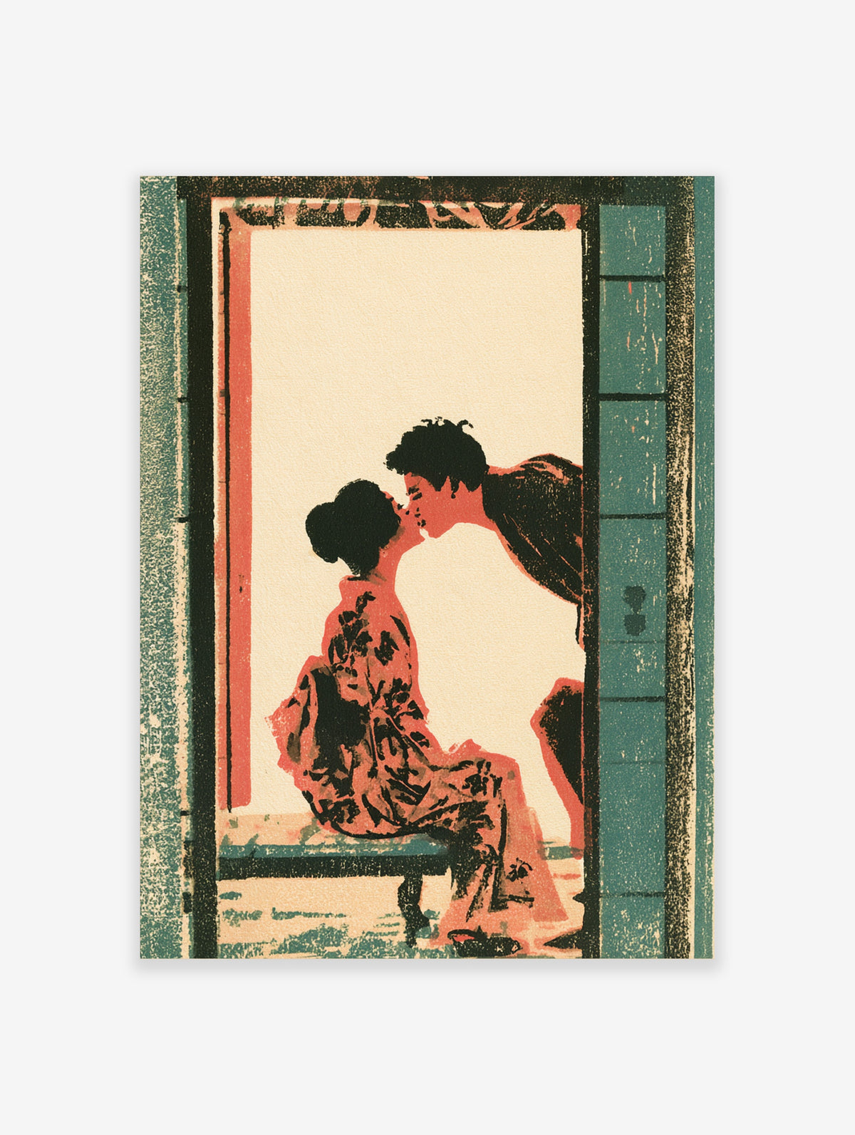 Romantic kiss poster of a Japanese couple in patterned robes framed by teal shutters and coral accents