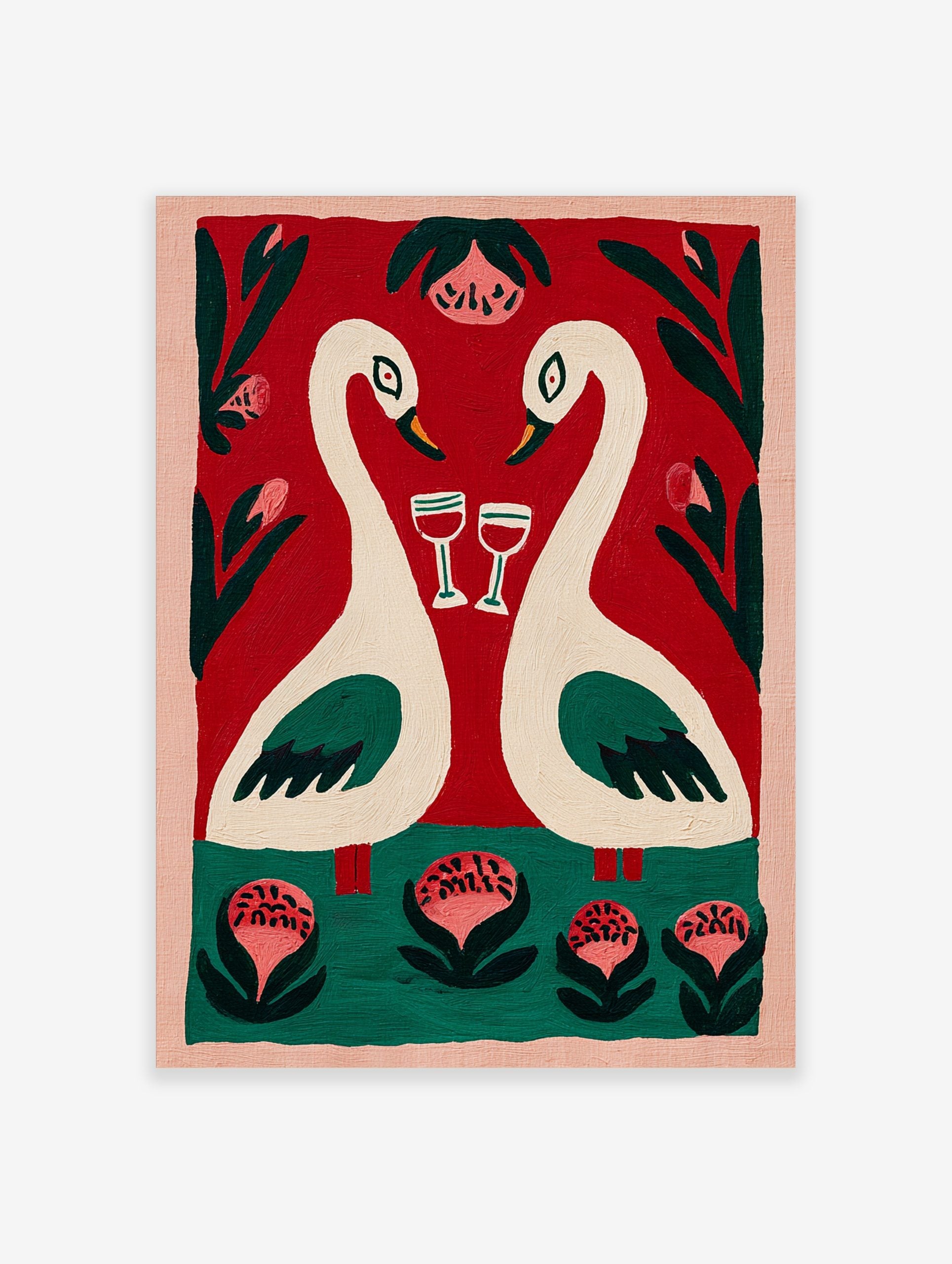 Romantic folk art painting of two cream swans with wine glasses, red background, green foliage, pink flowers