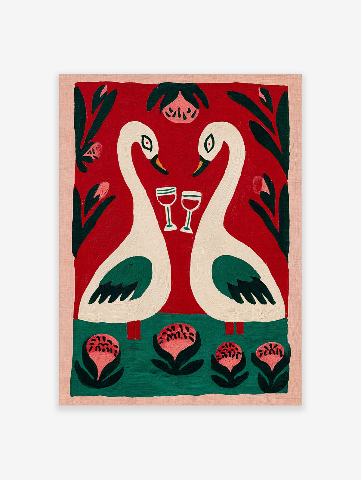 Romantic folk art painting of two cream swans with wine glasses, red background, green foliage, pink flowers